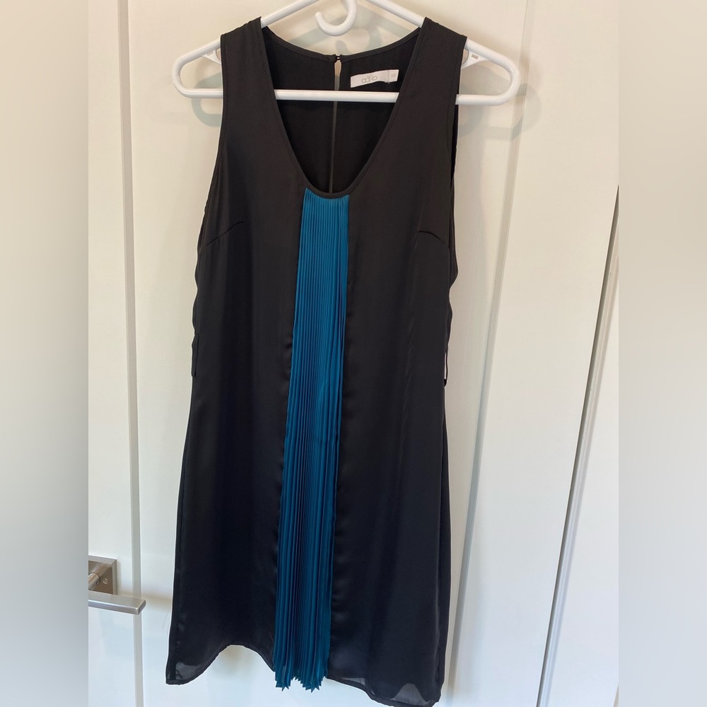 AAIKO Black & Blue Satin Mini Dress Accordion Front detail in XS